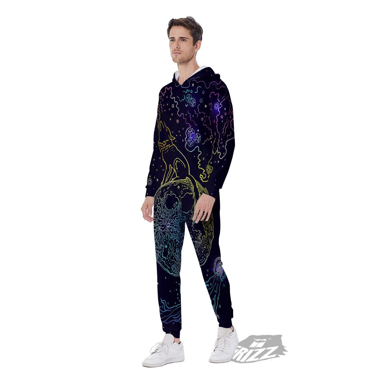 Wolf Spirit Galaxy Howling Print Men's Jumpsuit-grizzshop
