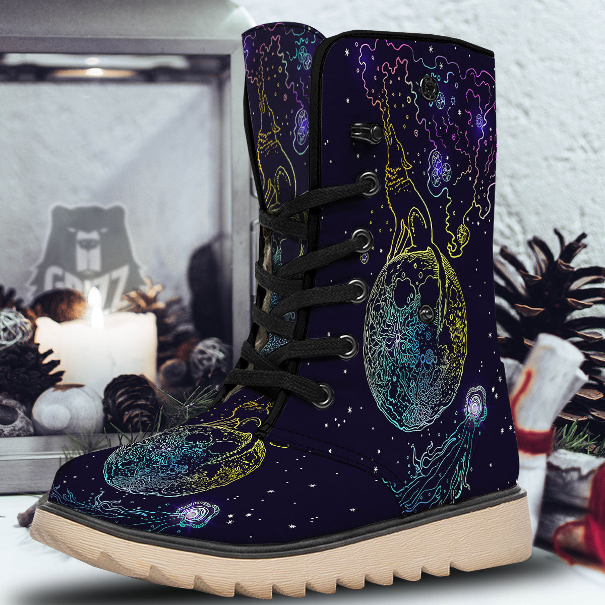 Wolf Spirit Galaxy Howling Print Snow Boots-grizzshop