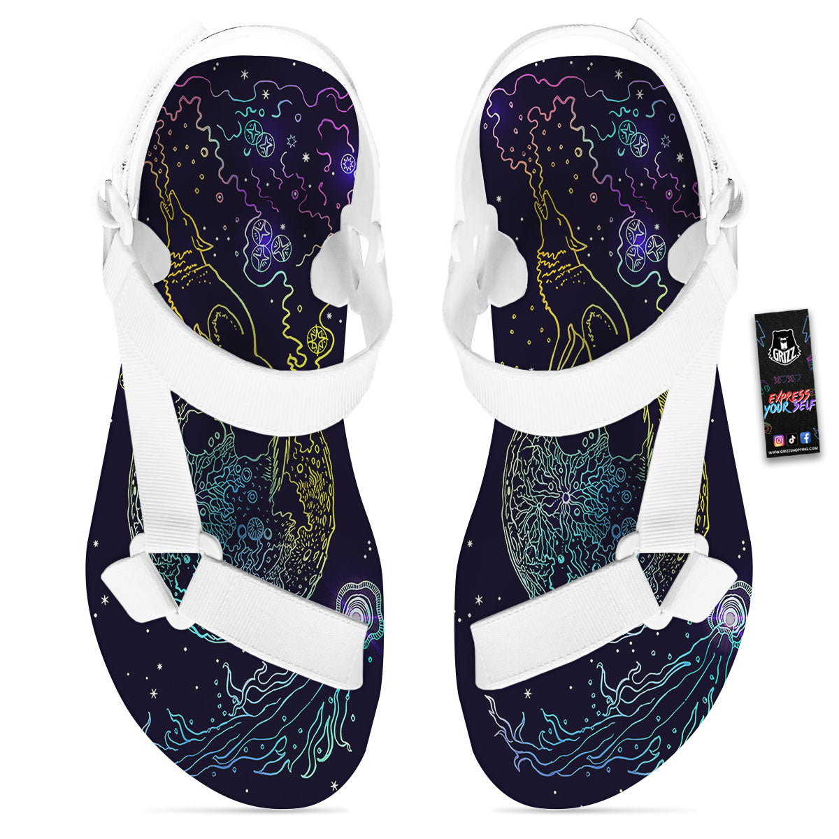 Wolf Spirit Galaxy Howling Print White Open Toe Sandals-grizzshop