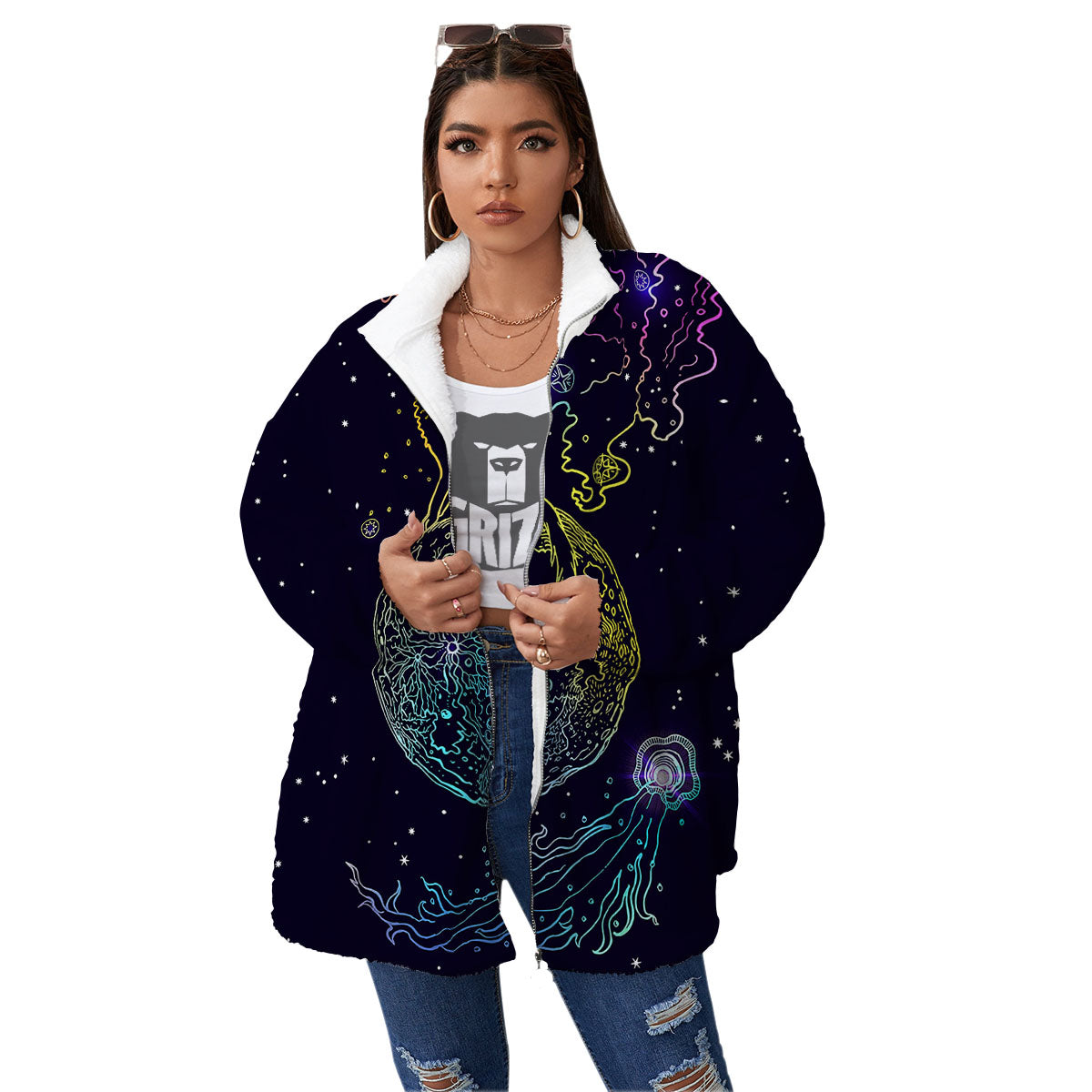 Wolf Spirit Galaxy Howling Print Women's Sherpa Jacket-grizzshop