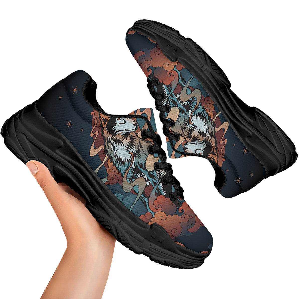 Wolf Spirit Night Forest Print Black Chunky Shoes-grizzshop