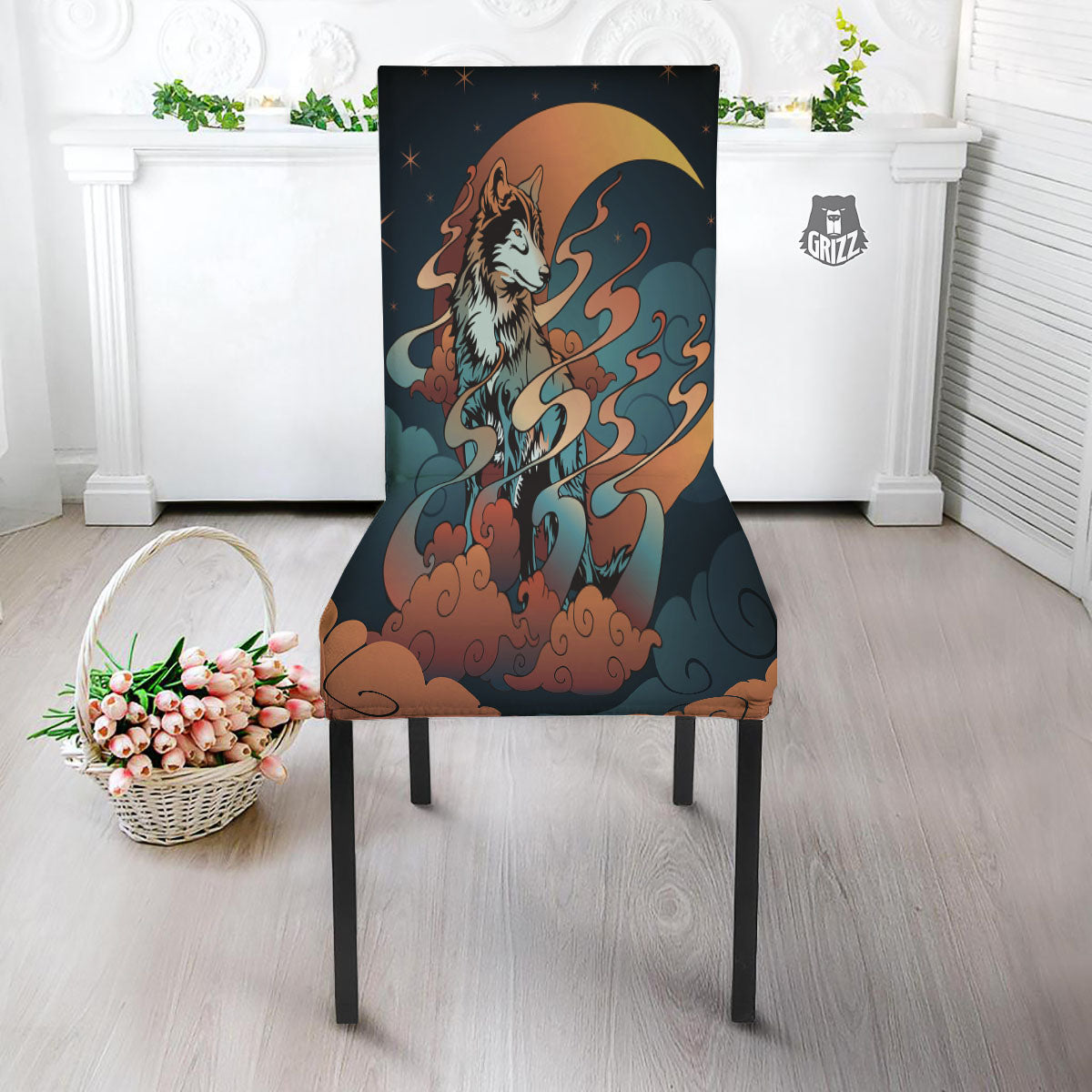 Wolf Spirit Night Forest Print Dining Chair Slipcover-grizzshop
