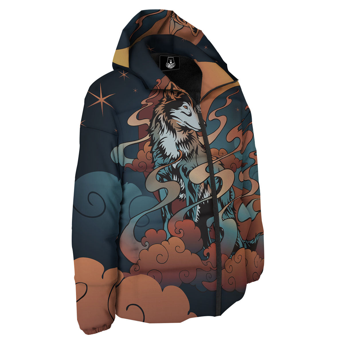 Wolf Spirit Night Forest Print Down Jacket-grizzshop