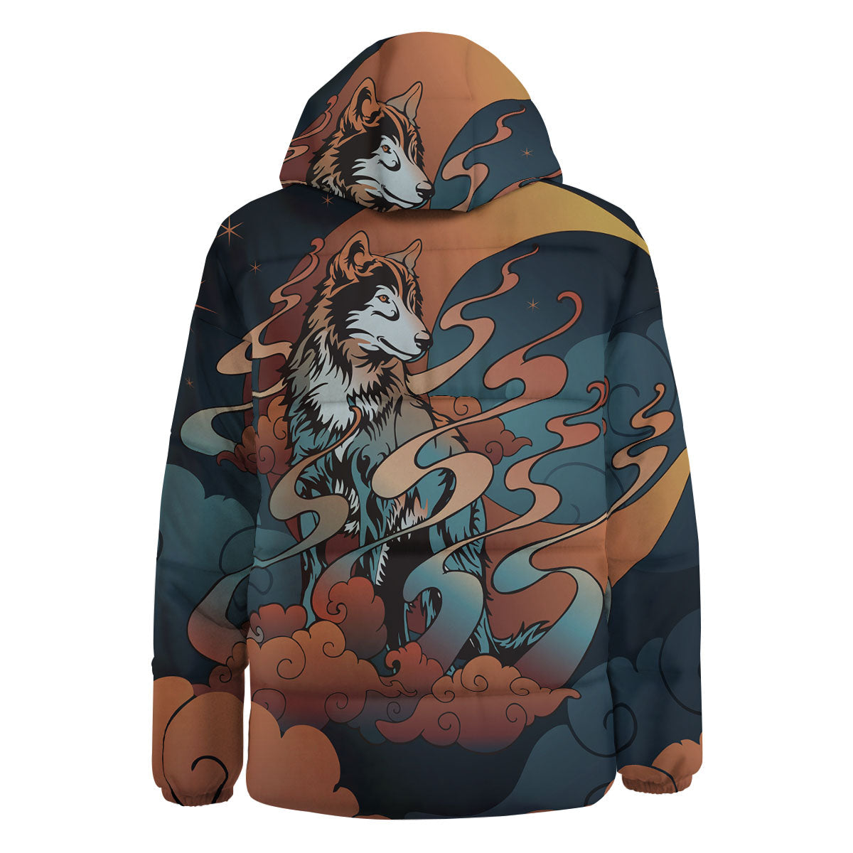 Wolf Spirit Night Forest Print Down Jacket-grizzshop