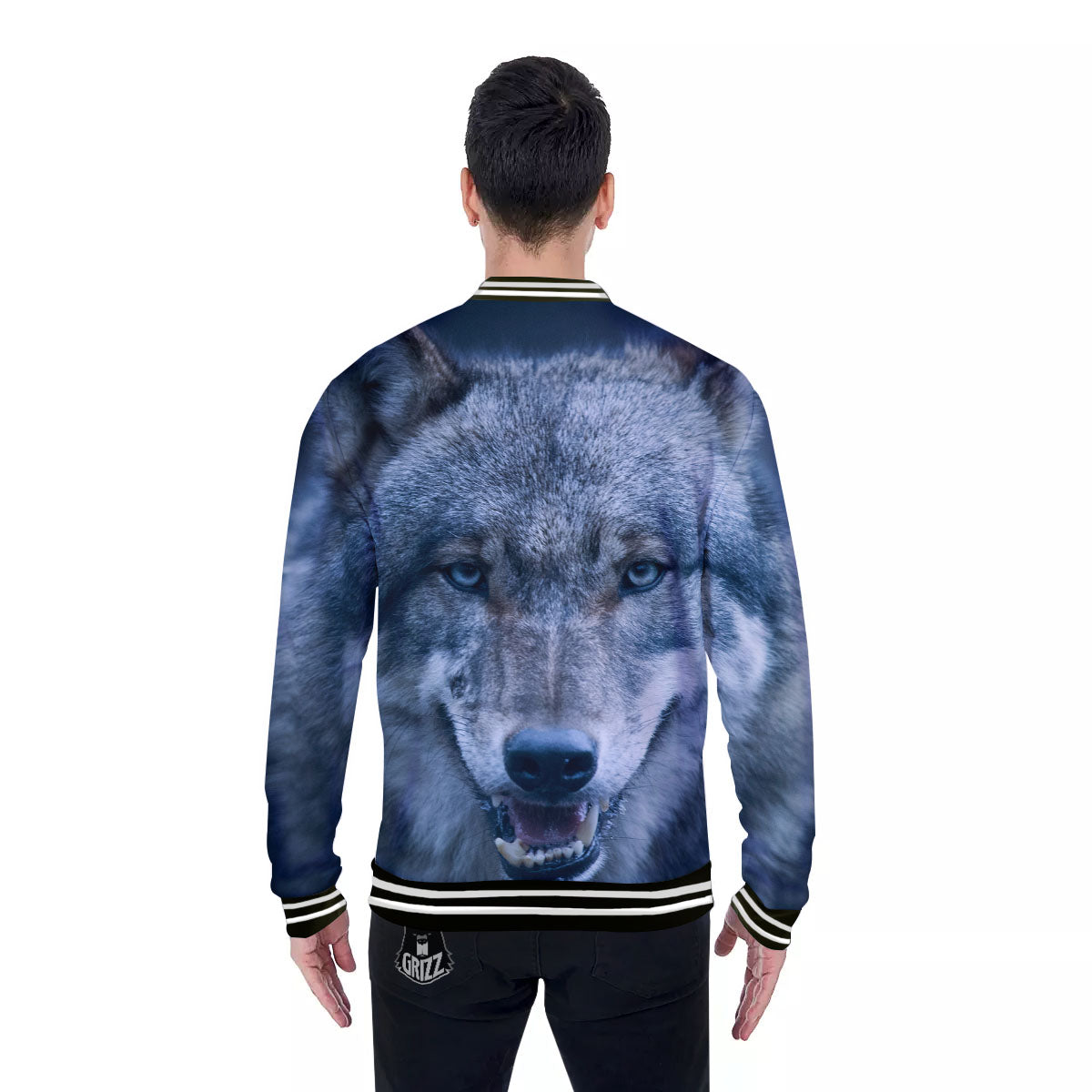 Wolf White And Navy Print Baseball Jacket-grizzshop