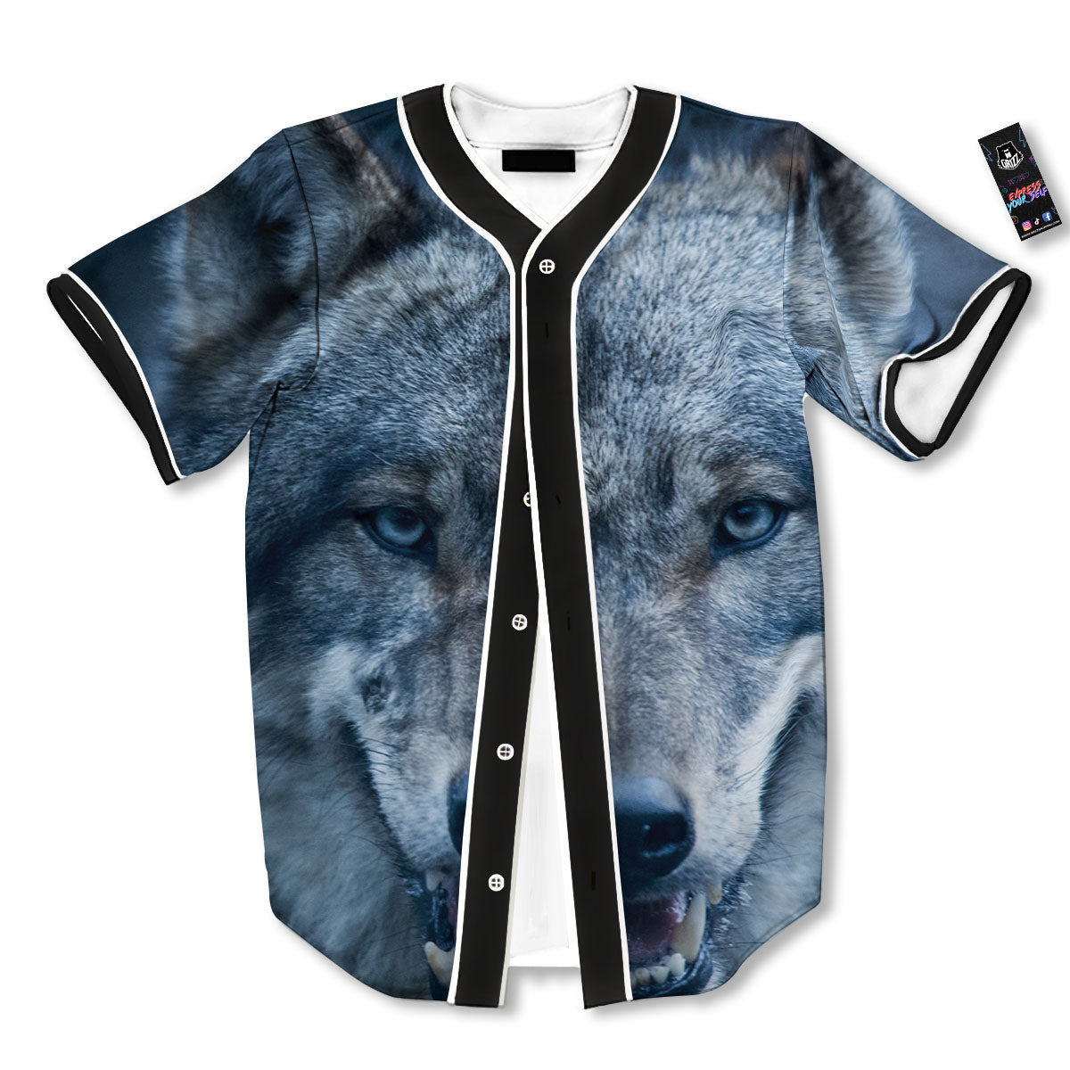 Wolf White And Navy Print Baseball Jersey-grizzshop