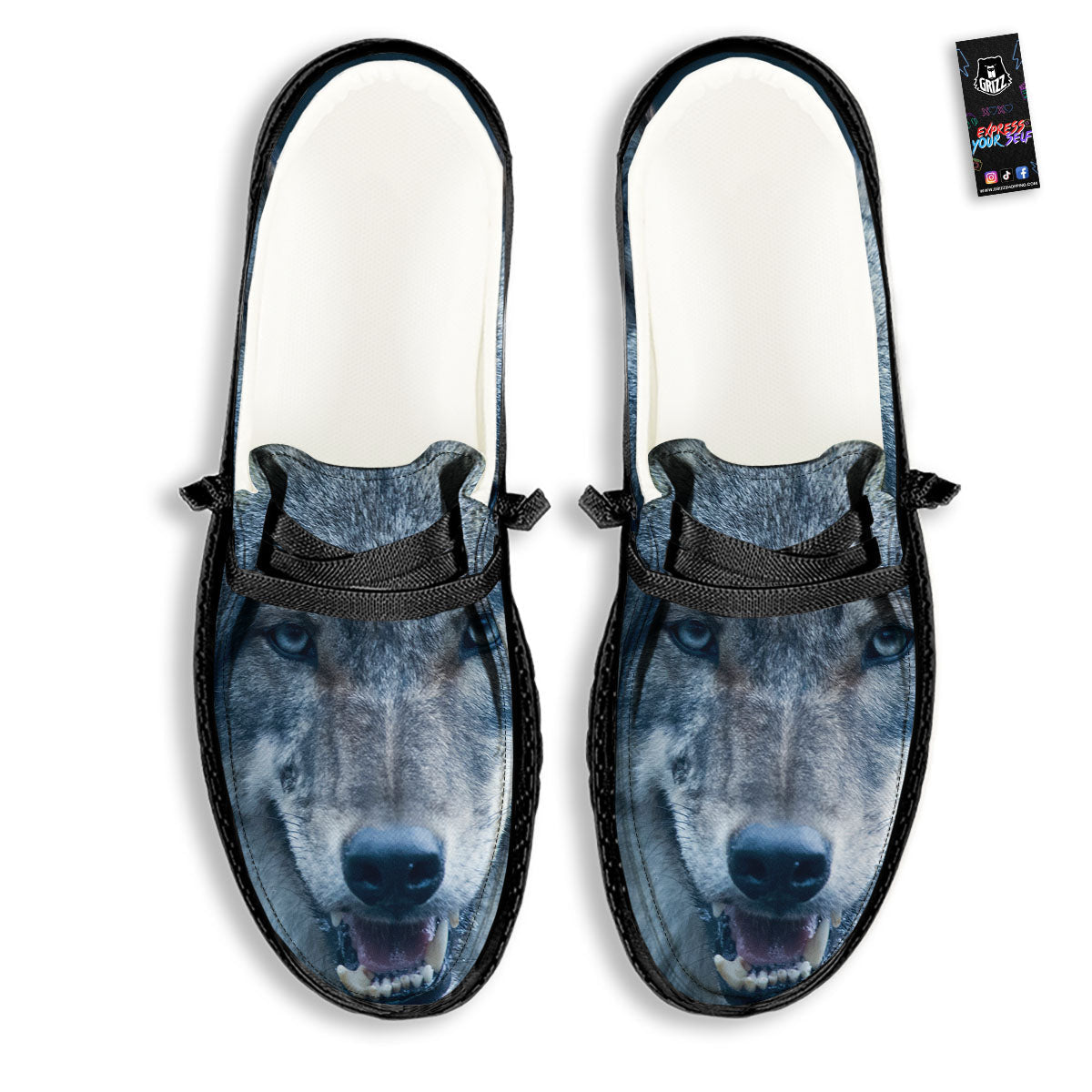 Wolf White And Navy Print Black Loafers-grizzshop