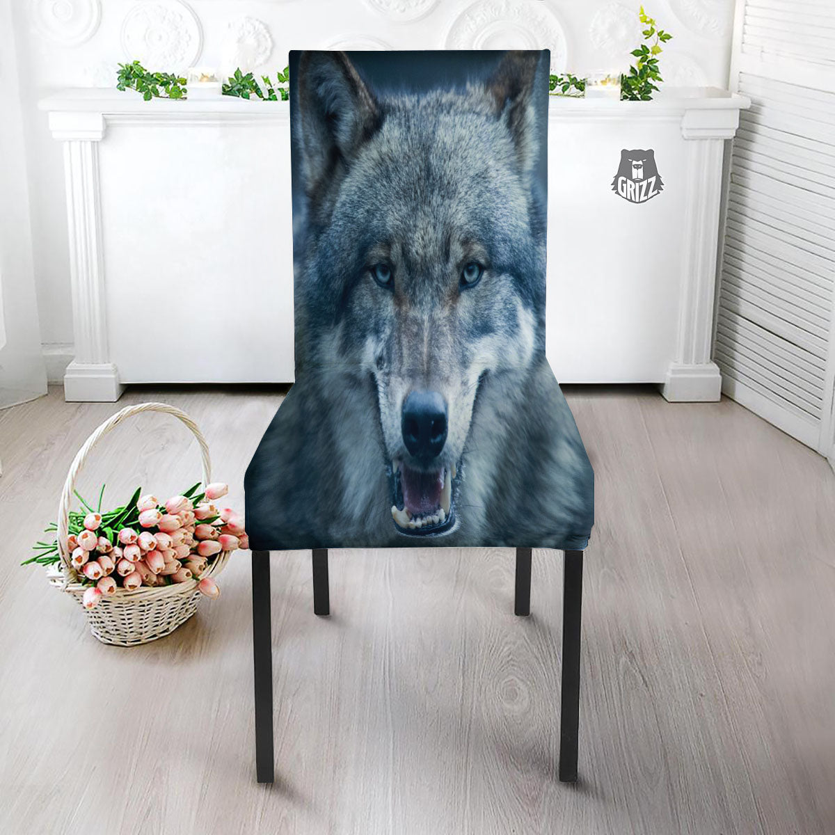 Wolf White And Navy Print Dining Chair Slipcover-grizzshop