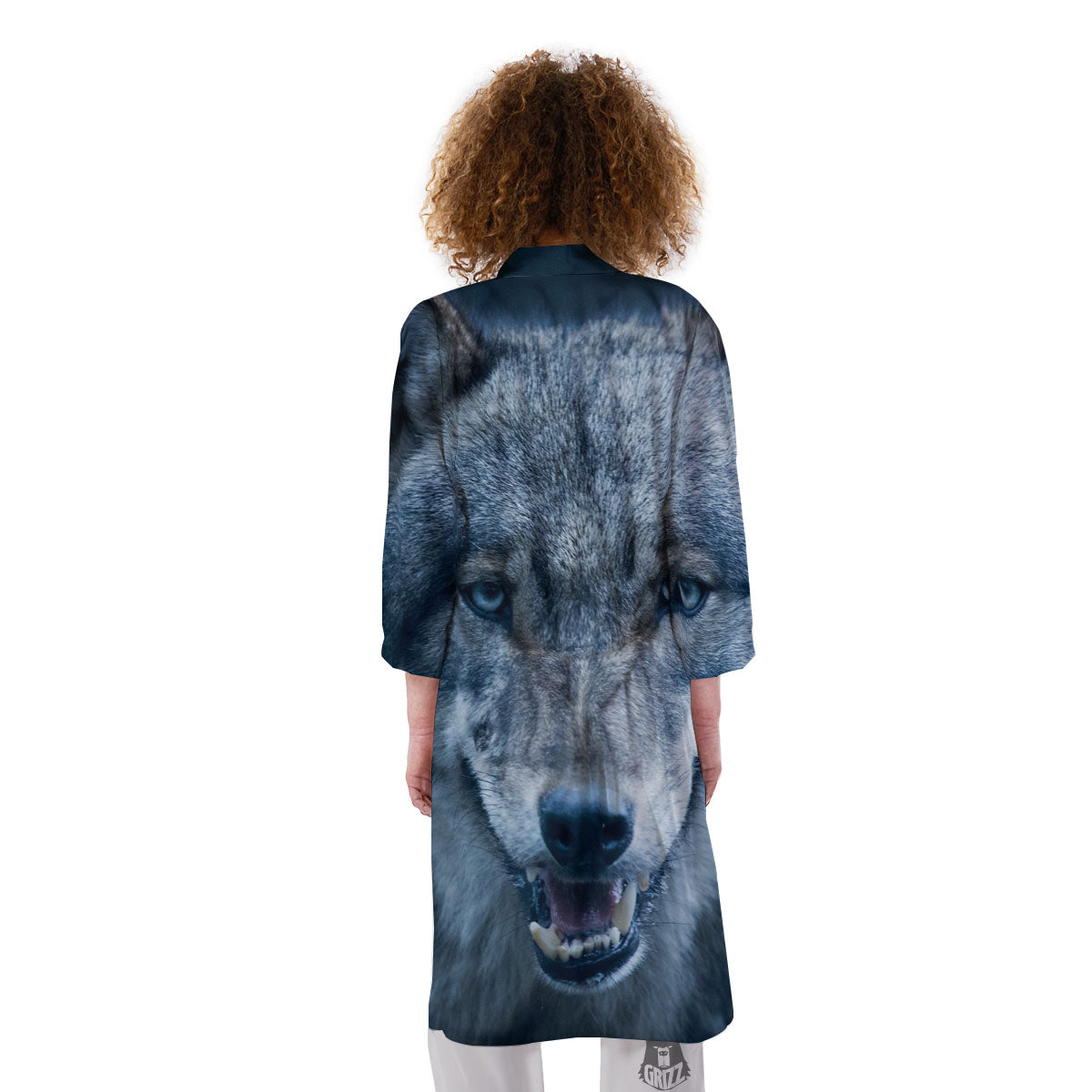 Wolf White And Navy Print Kimono-grizzshop