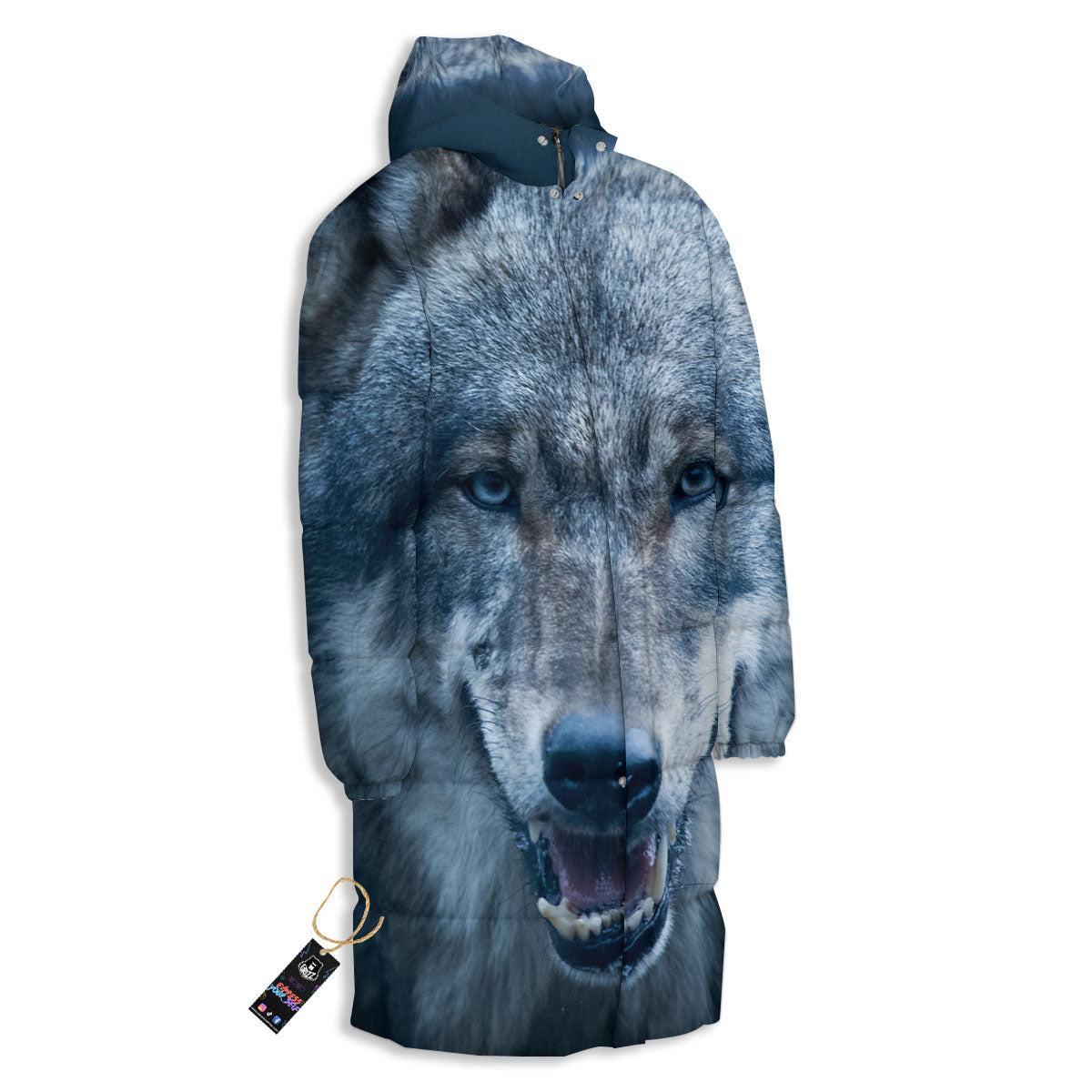 Wolf White And Navy Print Long Down Jacket-grizzshop