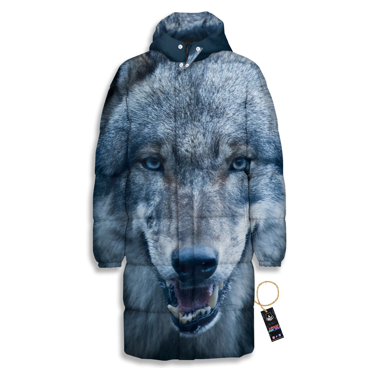 Wolf White And Navy Print Long Down Jacket-grizzshop