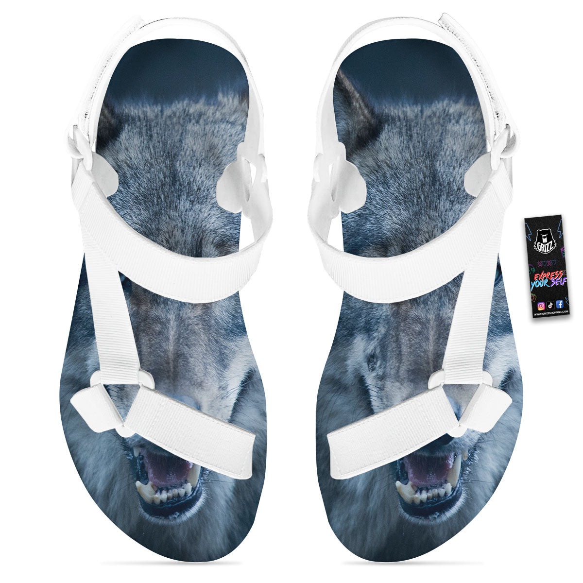 Wolf White And Navy Print White Open Toe Sandals-grizzshop