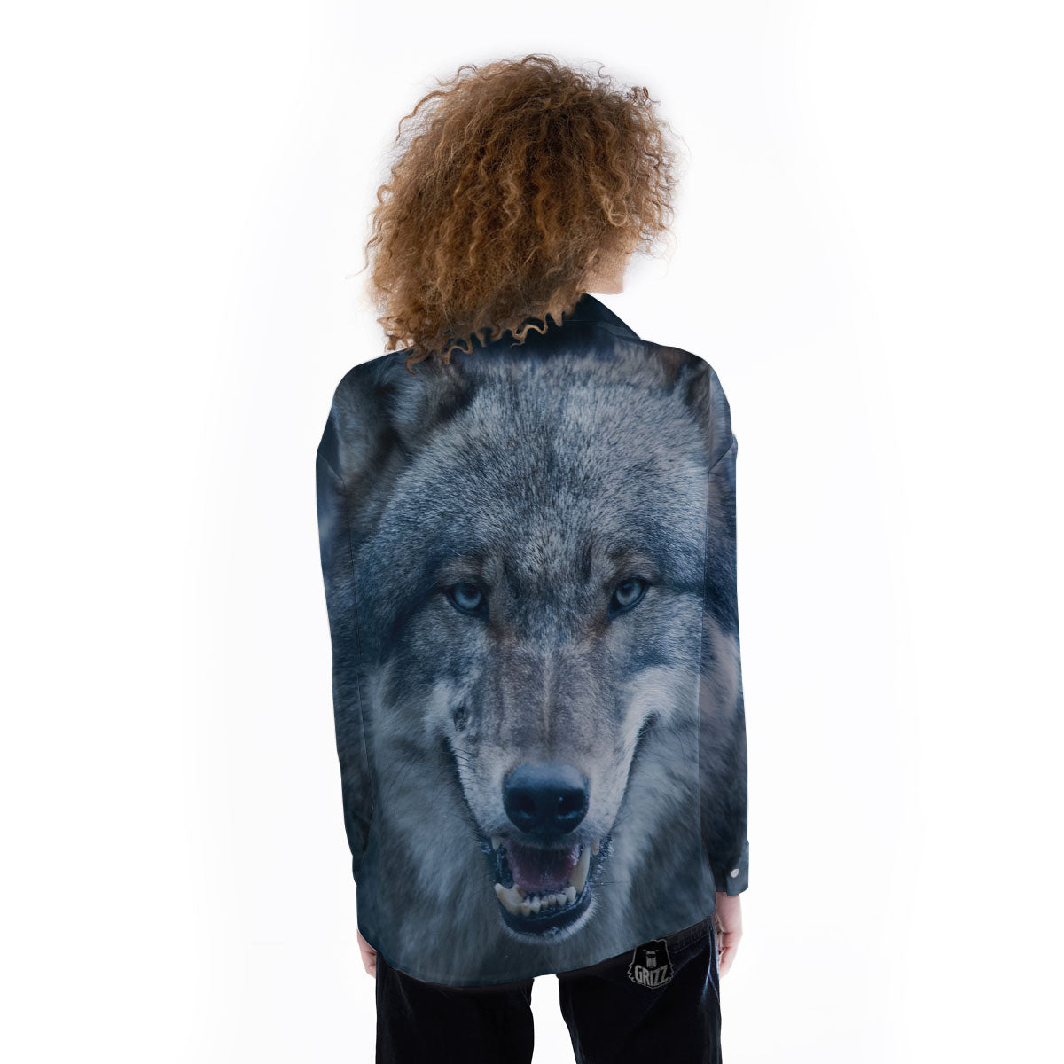 Wolf White And Navy Print Women's Long Sleeve Shirts-grizzshop