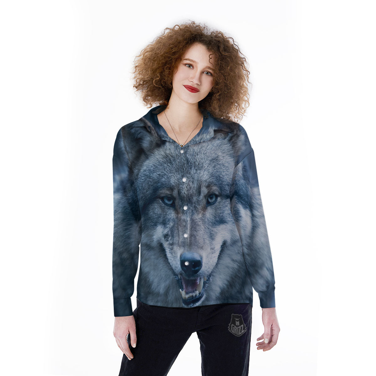 Wolf White And Navy Print Women's Long Sleeve Shirts-grizzshop