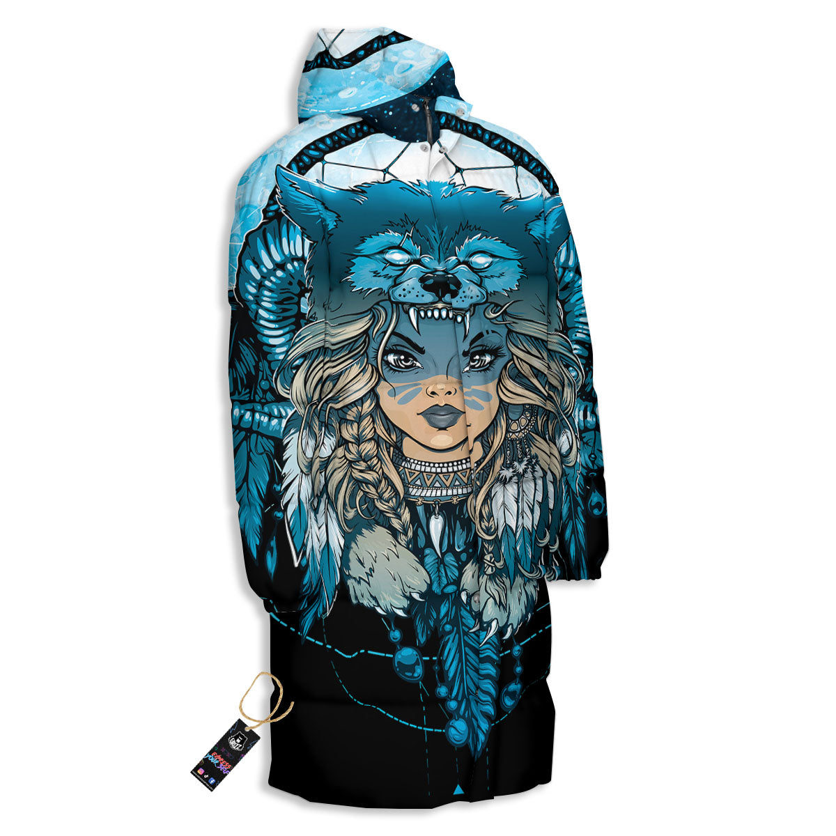 Wolf Girl Native American Print Long Down Jacket