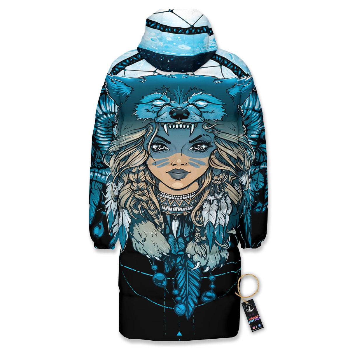 Wolf Girl Native American Print Long Down Jacket