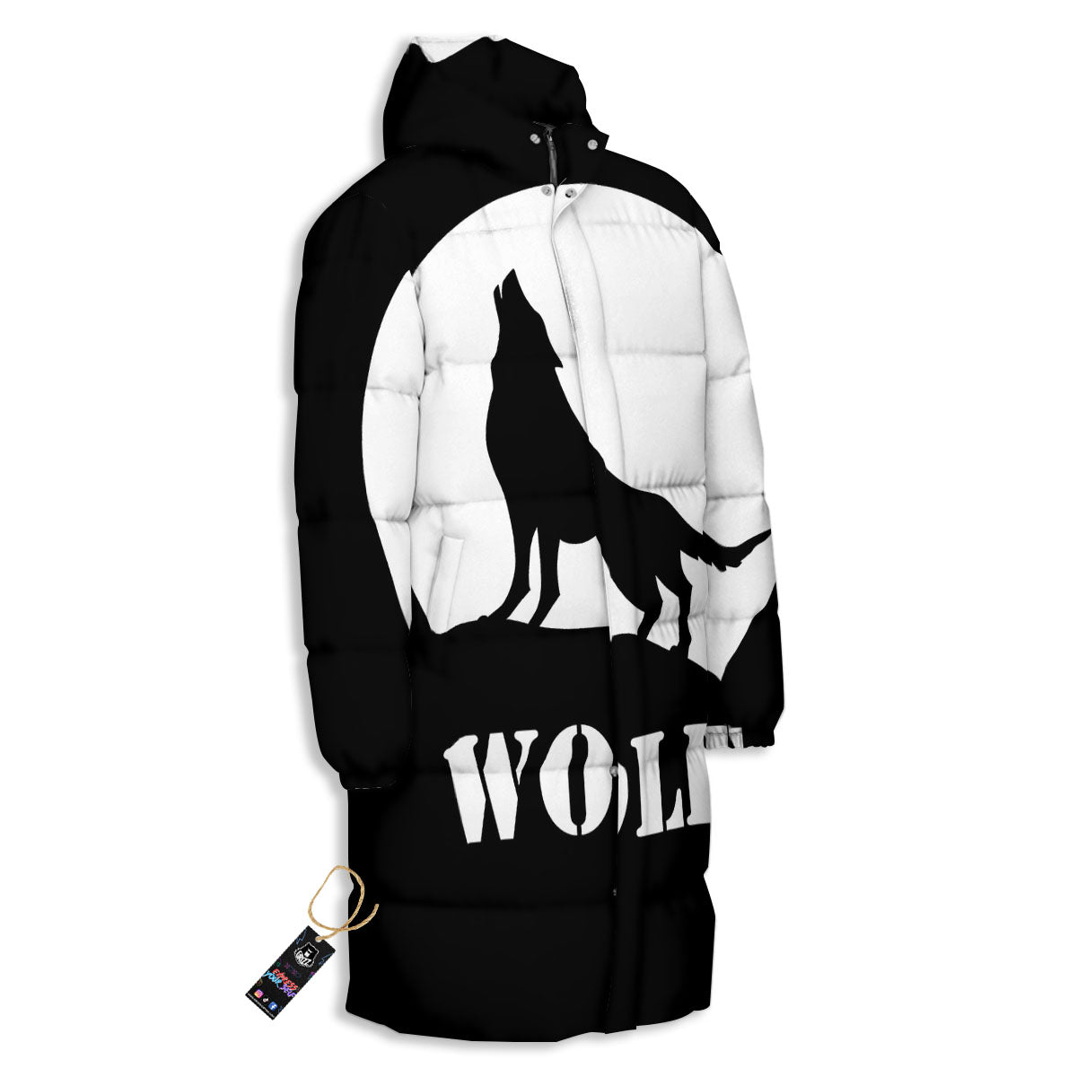 Wolf Howling Monochrome Print Long Down Jacket
