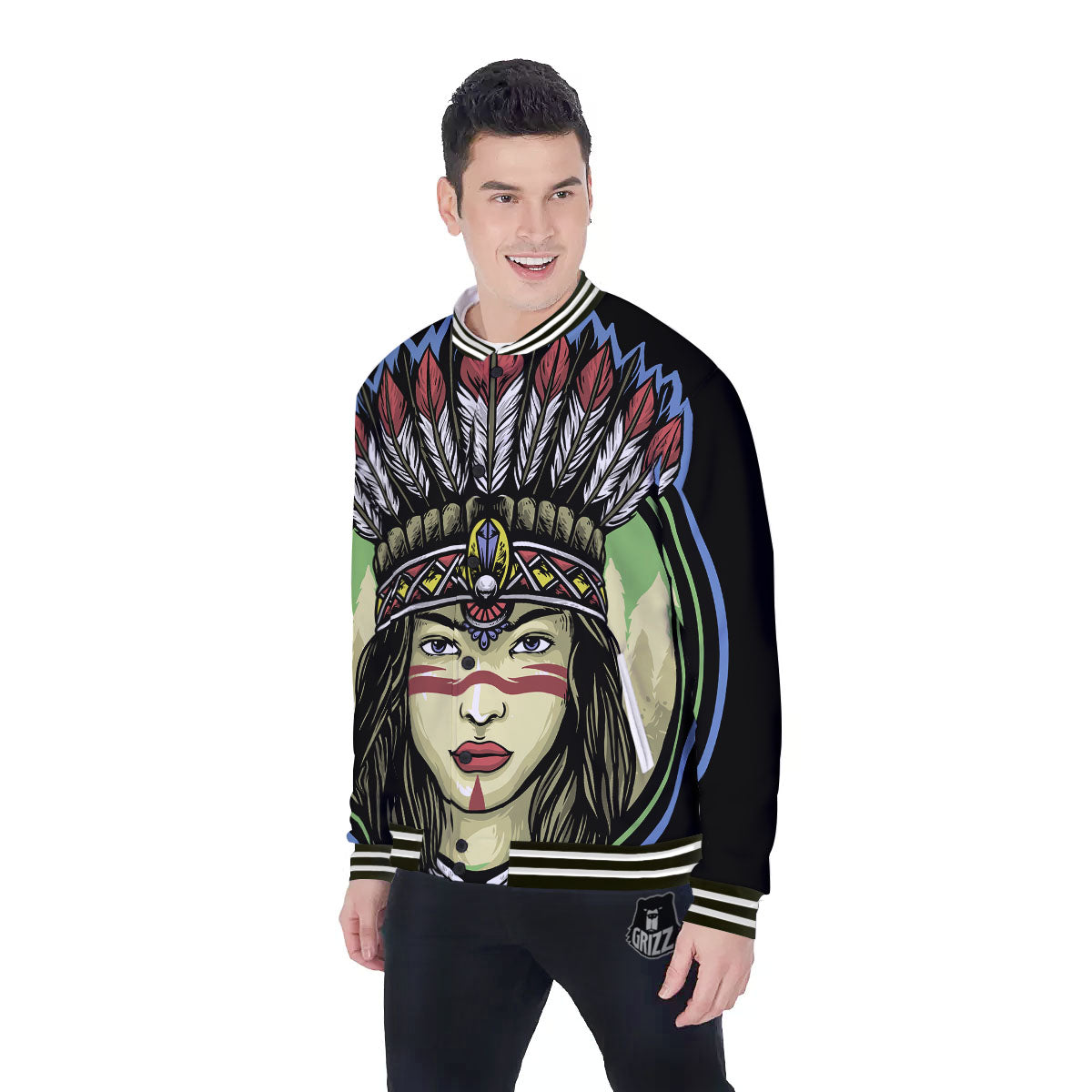 Woman Portrait Native Indian Print Baseball Jacket-grizzshop