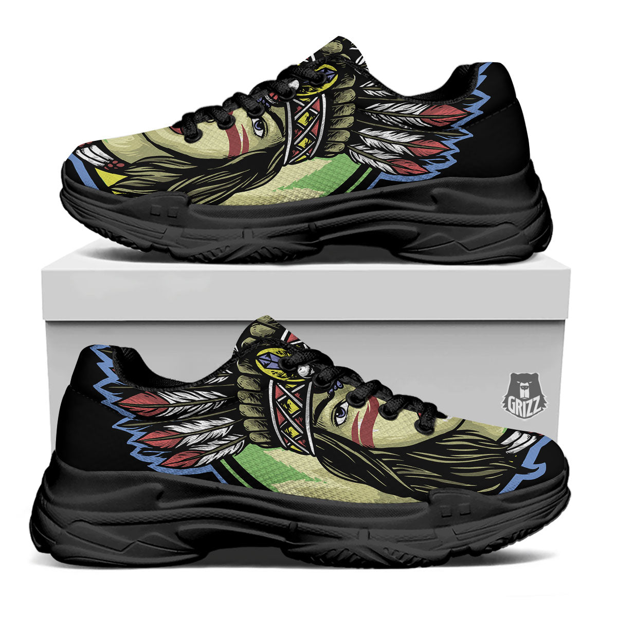 Woman Portrait Native Indian Print Black Chunky Shoes-grizzshop