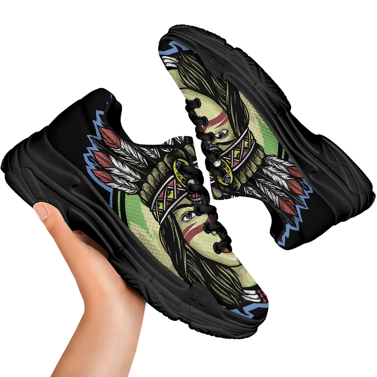 Woman Portrait Native Indian Print Black Chunky Shoes-grizzshop