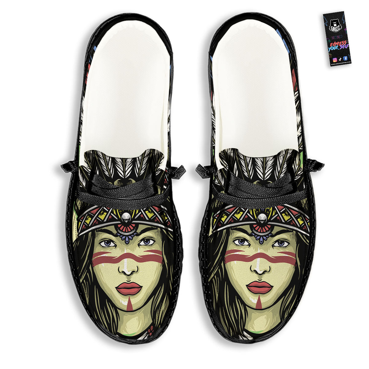 Woman Portrait Native Indian Print Black Loafers-grizzshop