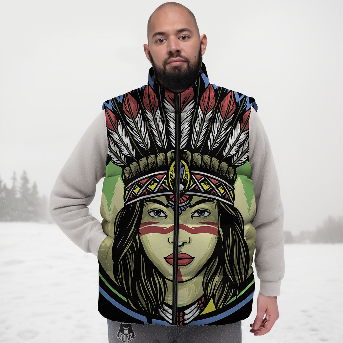 Woman Portrait Native Indian Print Down Vest