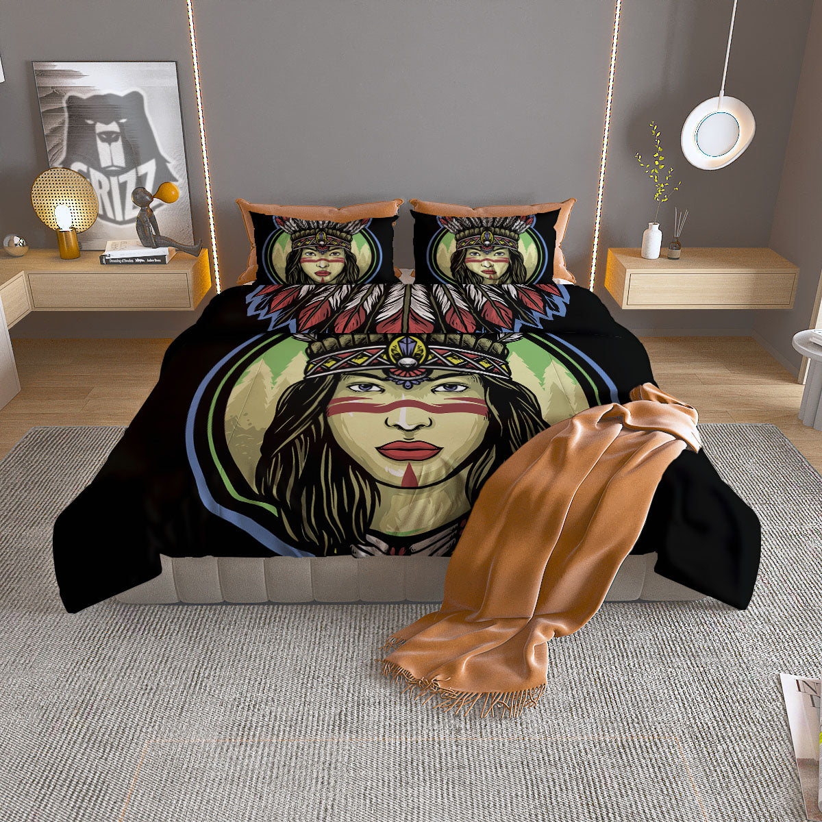 Woman Portrait Native Indian Print Duvet Cover Bedding Set