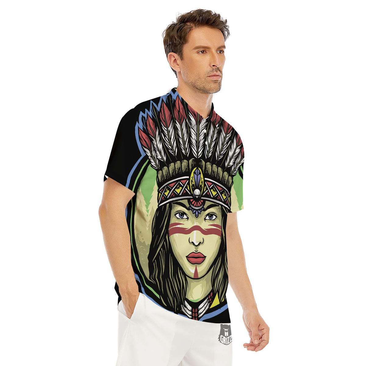 Woman Portrait Native Indian Print Men's Golf Shirts-grizzshop