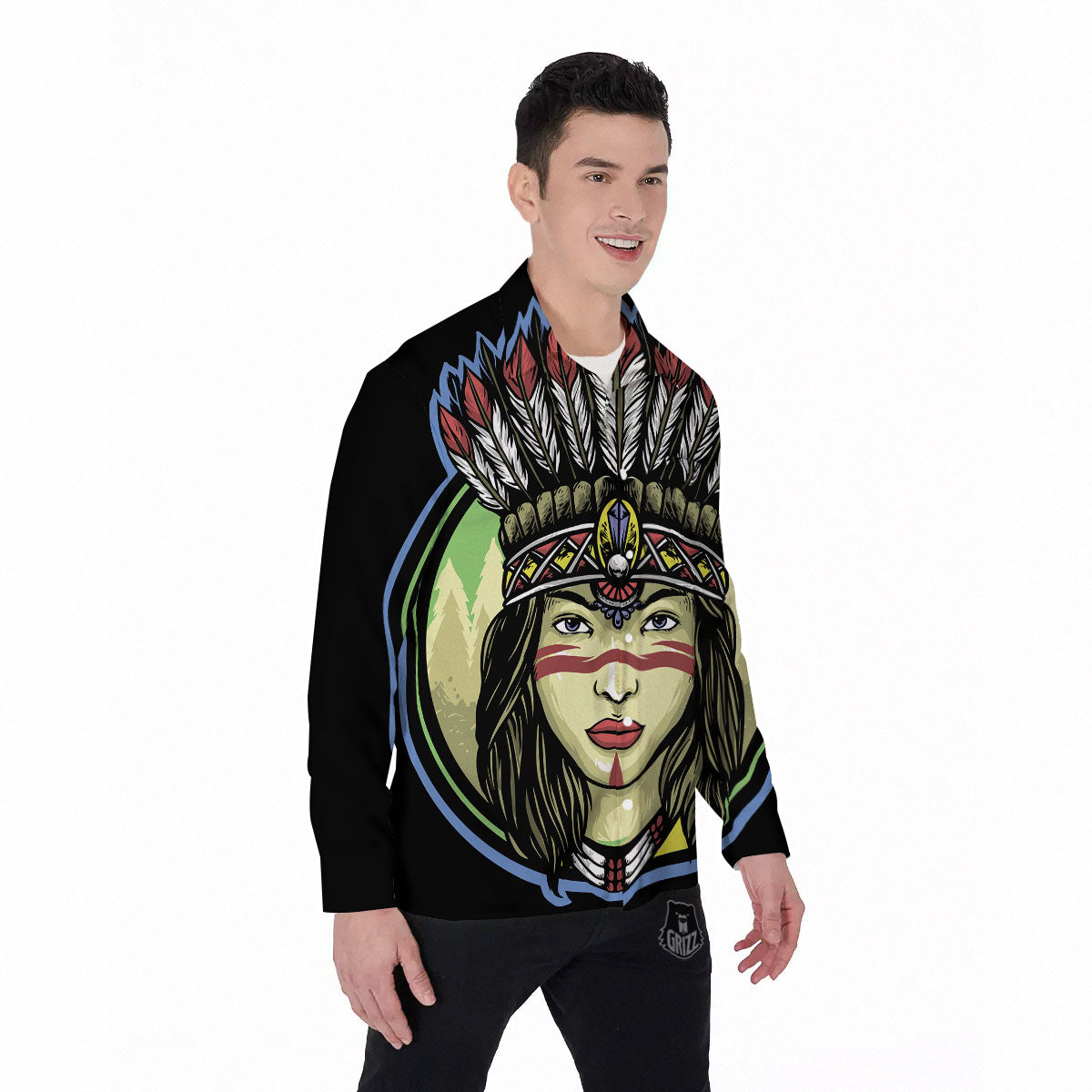 Woman Portrait Native Indian Print Men's Long Sleeve Shirts-grizzshop