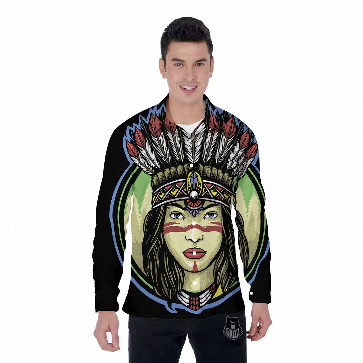 Woman Portrait Native Indian Print Men's Long Sleeve Shirts-grizzshop