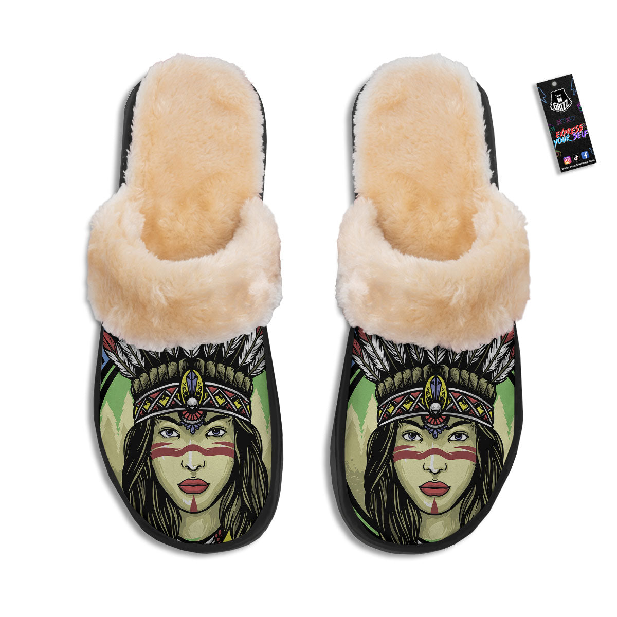 Woman Portrait Native Indian Print Slippers-grizzshop