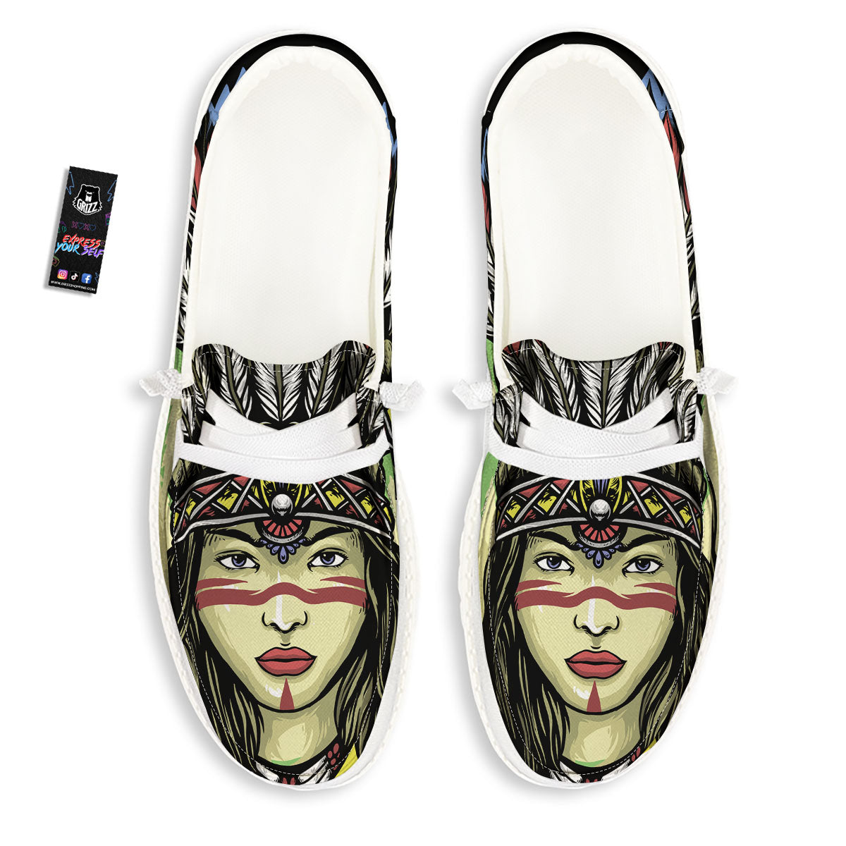 Woman Portrait Native Indian Print White Loafers-grizzshop