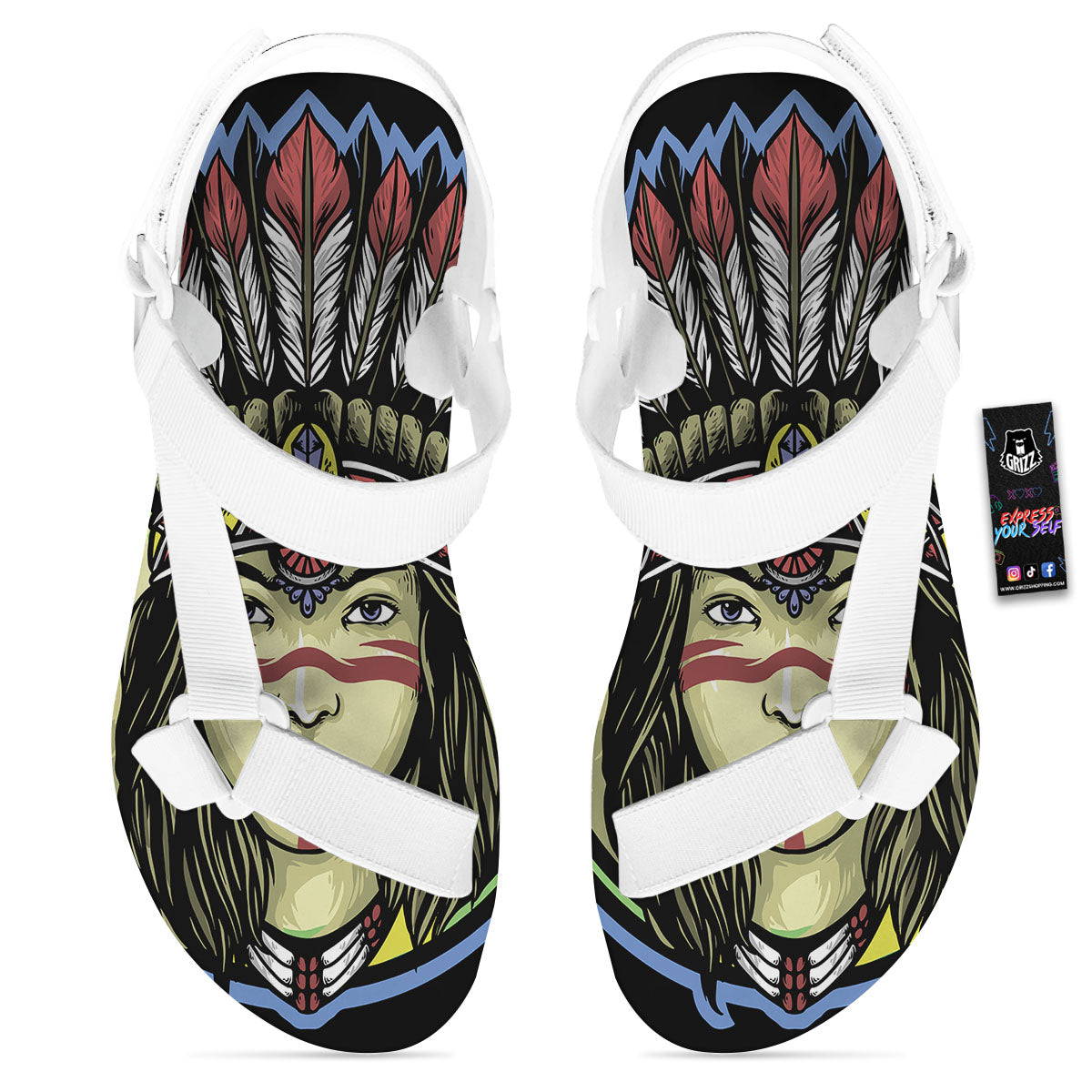 Woman Portrait Native Indian Print White Open Toe Sandals-grizzshop