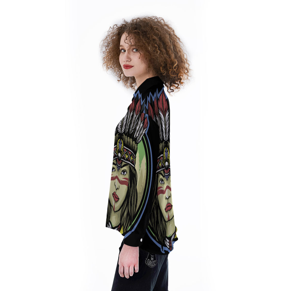 Woman Portrait Native Indian Print Women's Long Sleeve Shirts-grizzshop