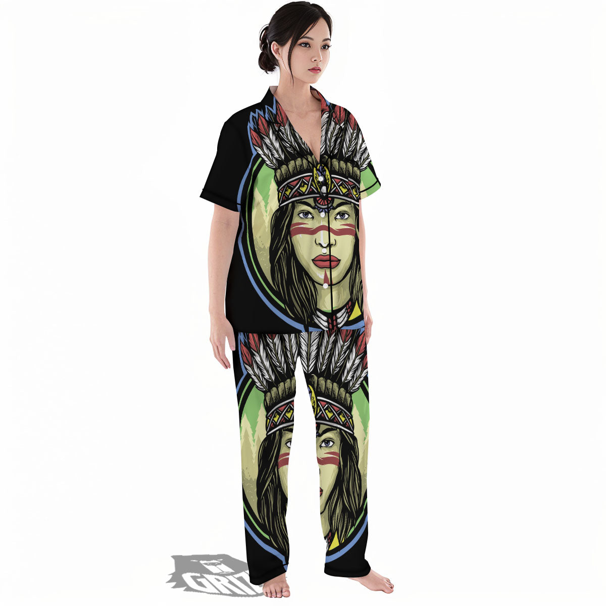Woman Portrait Native Indian Print Women's Pajamas Set-grizzshop