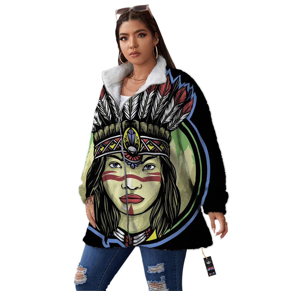 Woman Portrait Native Indian Print Women's Sherpa Jacket-grizzshop