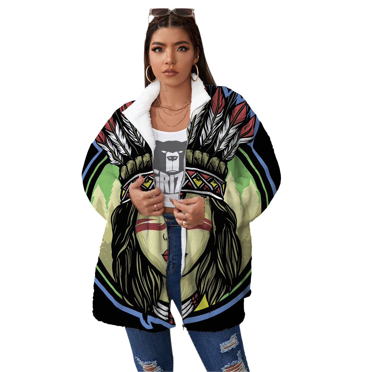 Woman Portrait Native Indian Print Women's Sherpa Jacket-grizzshop
