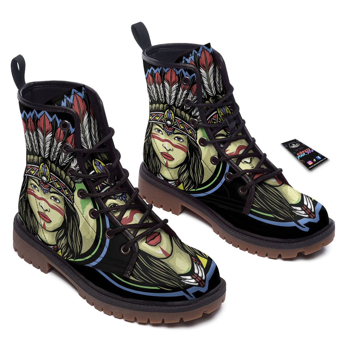Woman Portrait Native Indian Print Work Boots-grizzshop