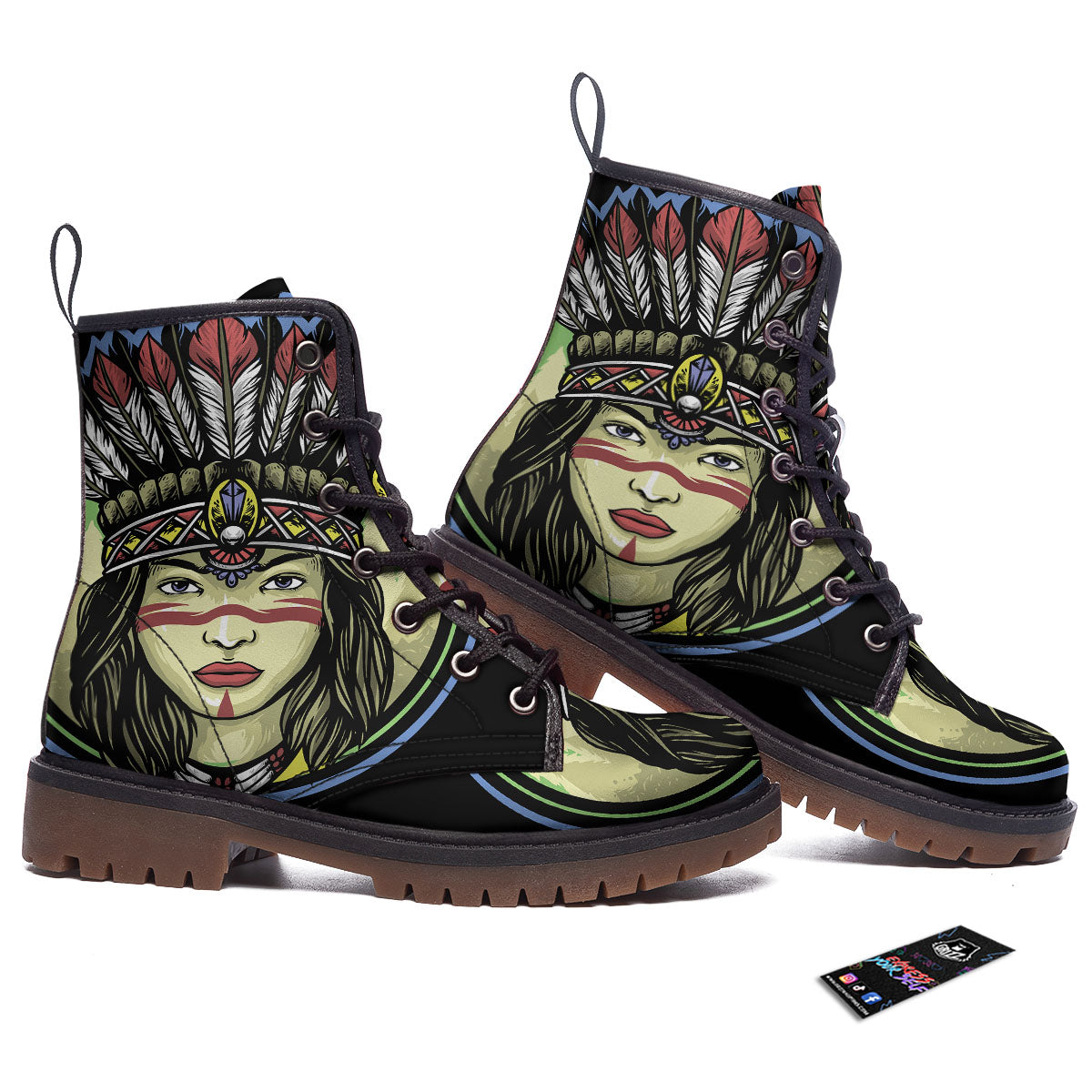 Woman Portrait Native Indian Print Work Boots-grizzshop
