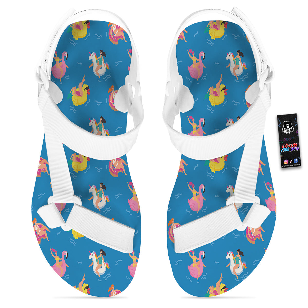 Women Swimming In The Sea Print Pattern White Open Toe Sandals-grizzshop
