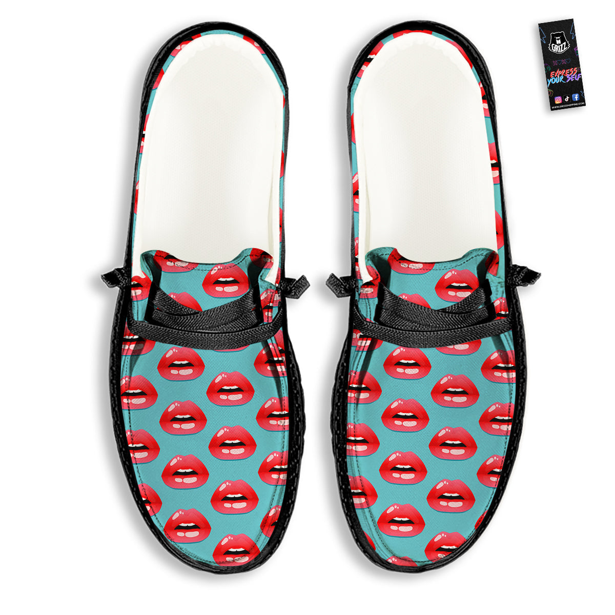 Women's Lips Print Pattern Black Loafers-grizzshop