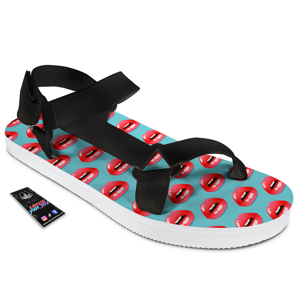 Women's Lips Print Pattern Black Open Toe Sandals-grizzshop