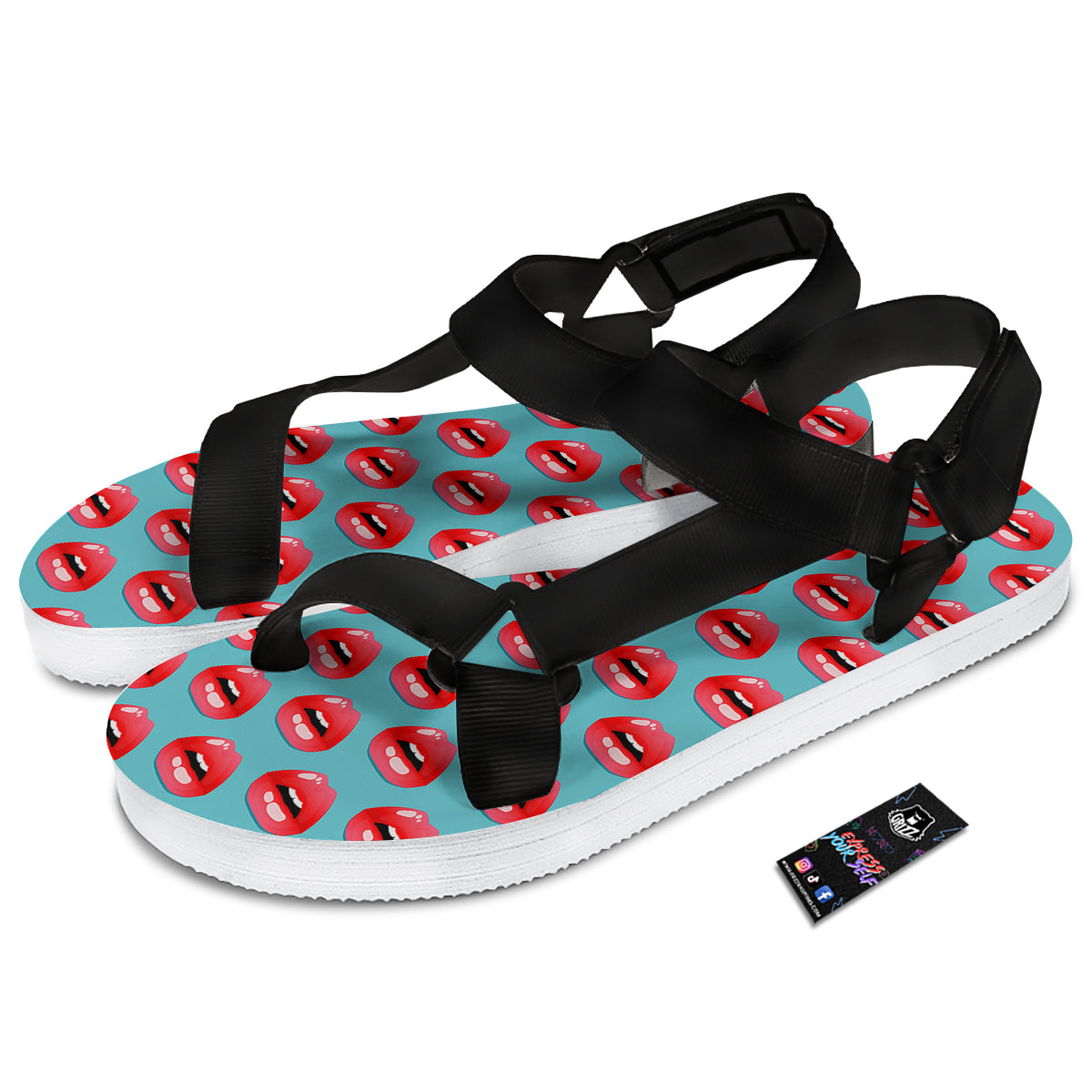 Women's Lips Print Pattern Black Open Toe Sandals-grizzshop