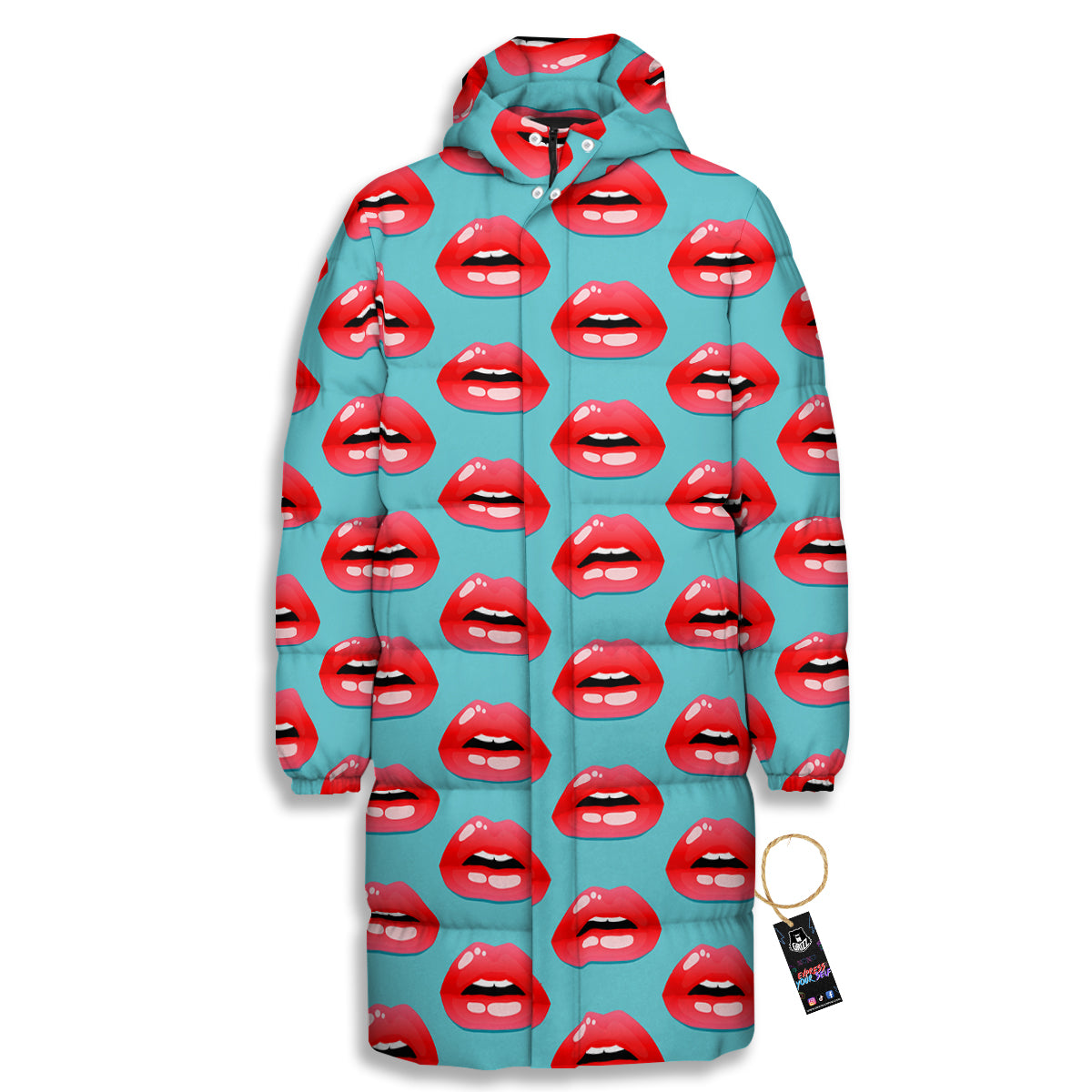 Women's Lips Print Pattern Long Down Jacket-grizzshop