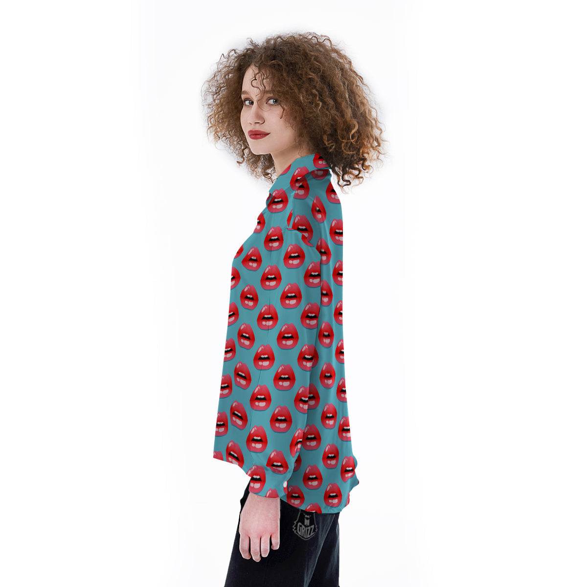 Women's Lips Print Pattern Women's Long Sleeve Shirts-grizzshop