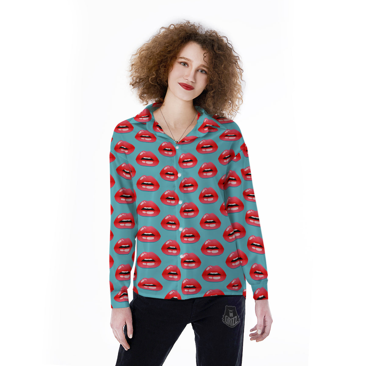 Women's Lips Print Pattern Women's Long Sleeve Shirts-grizzshop