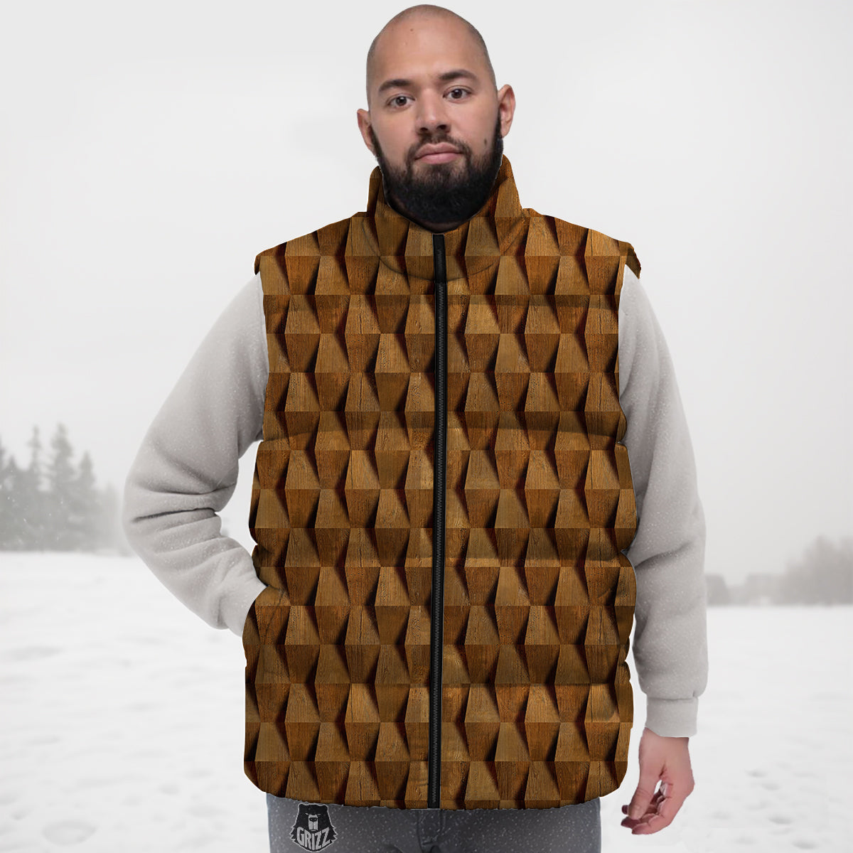 Wood Wall 3D Print Pattern Down Vest-grizzshop