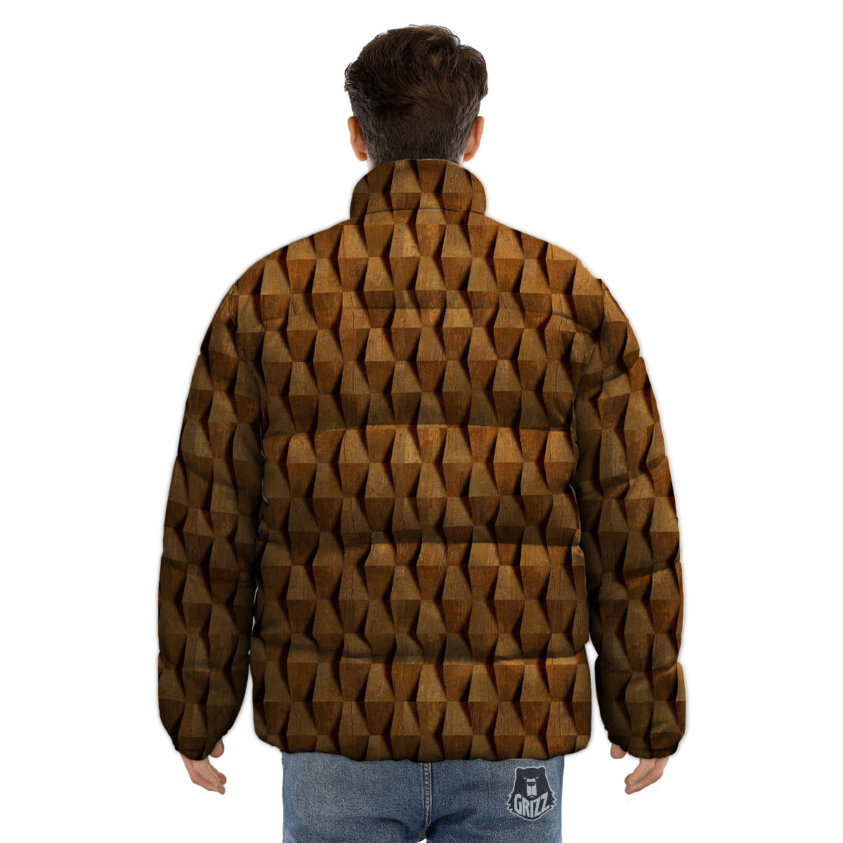 Wood Wall 3D Print Pattern Puffer Jacket-grizzshop