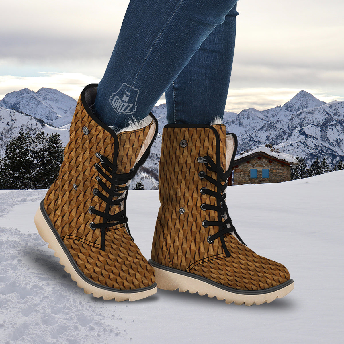 Wood Wall 3D Print Pattern Snow Boots-grizzshop