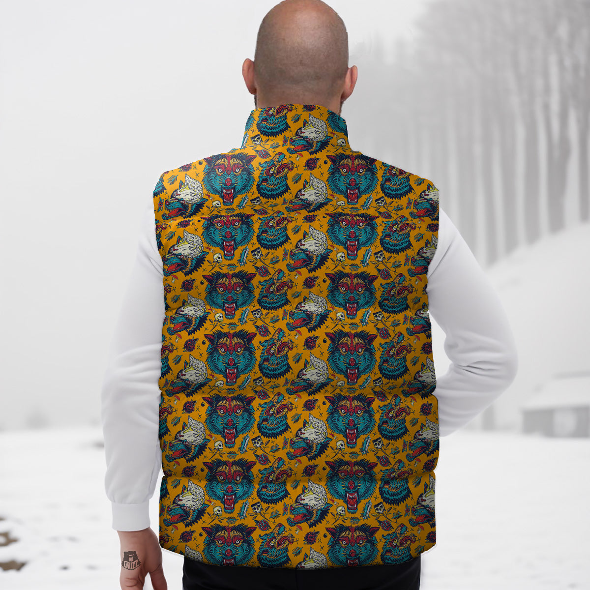 Wolf Head Yellow Tattoo Print Pattern Down Vest